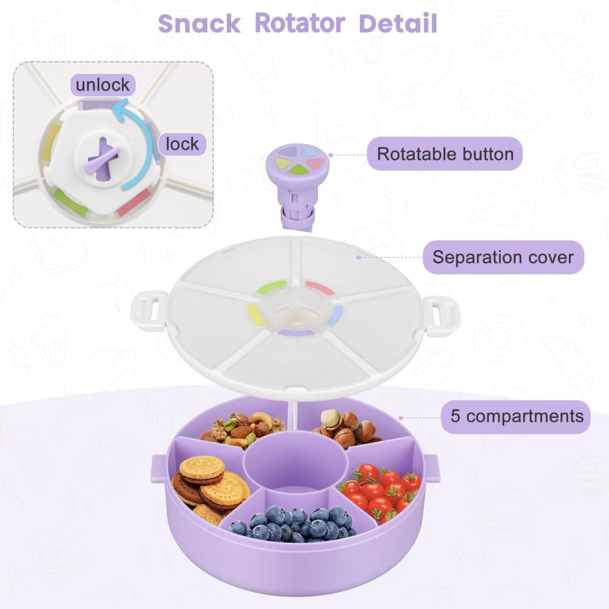 Snack Rotator Container Reusable Snack Box with 5 Compartment Dispenser and Lid, Color Matching Opening Lid, BPA and PVC Free, for Home, School, Travel (Blue)