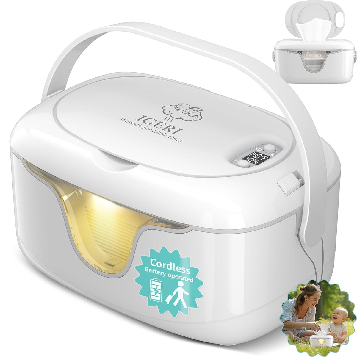 Portable Baby Wipe Warmer - Cordless Rechargeable Wet Wipes Dispenser for Travel Battery Operated with Nightlight Temperature Control for On the Go