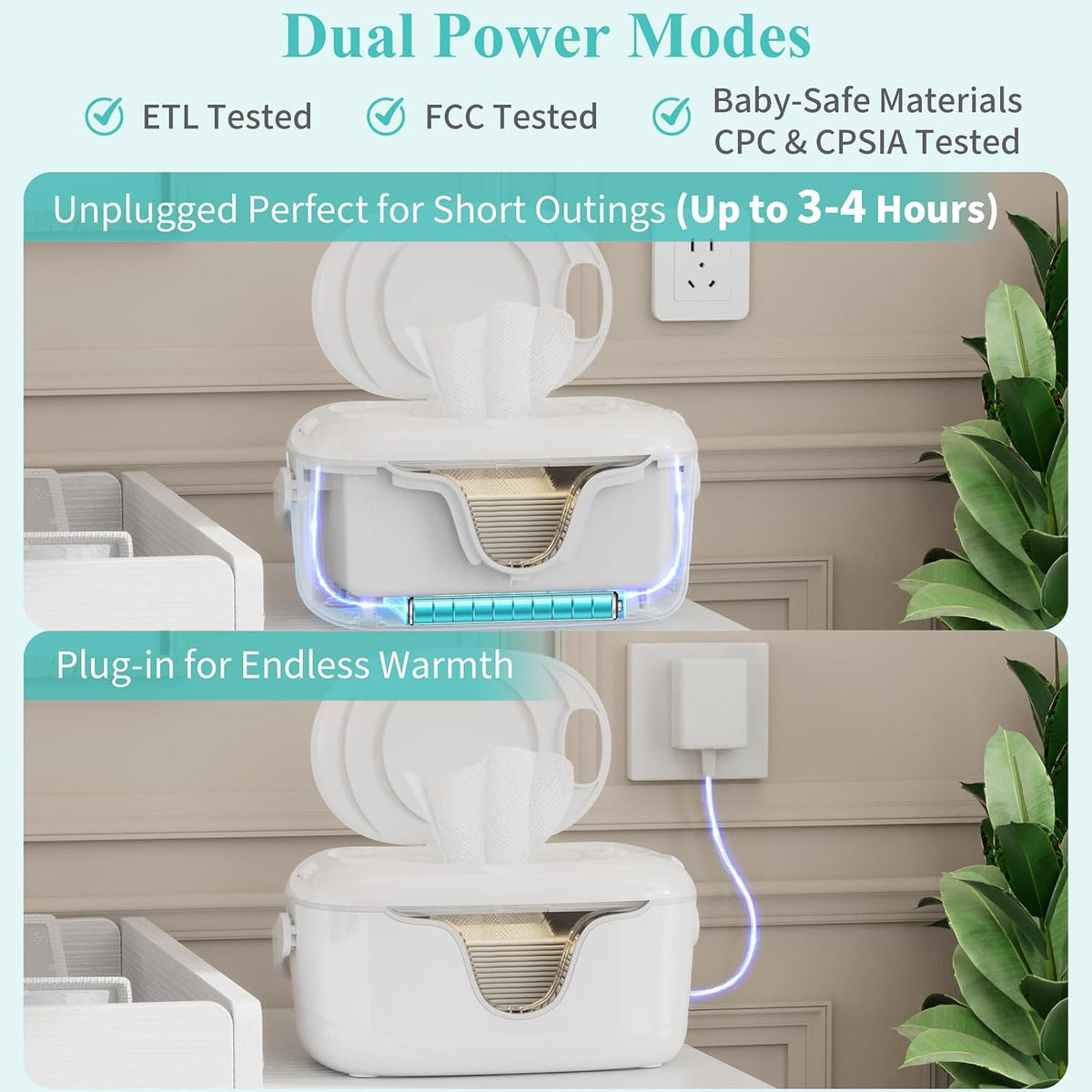 Portable Baby Wipe Warmer - Cordless Rechargeable Wet Wipes Dispenser for Travel Battery Operated with Nightlight Temperature Control for On the Go