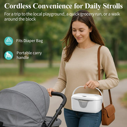 Portable Baby Wipe Warmer - Cordless Rechargeable Wet Wipes Dispenser for Travel Battery Operated with Nightlight Temperature Control for On the Go