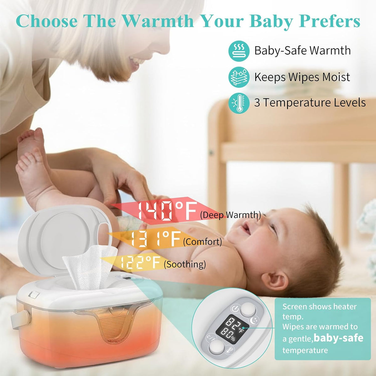 Portable Baby Wipe Warmer - Cordless Rechargeable Wet Wipes Dispenser for Travel Battery Operated with Nightlight Temperature Control for On the Go