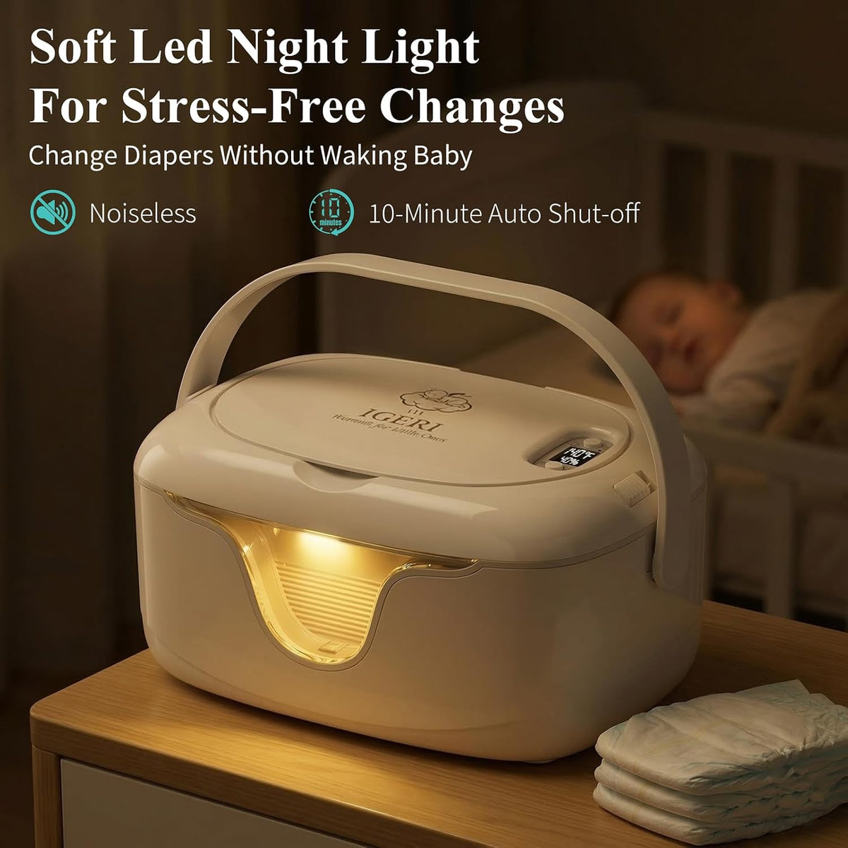 Portable Baby Wipe Warmer - Cordless Rechargeable Wet Wipes Dispenser for Travel Battery Operated with Nightlight Temperature Control for On the Go