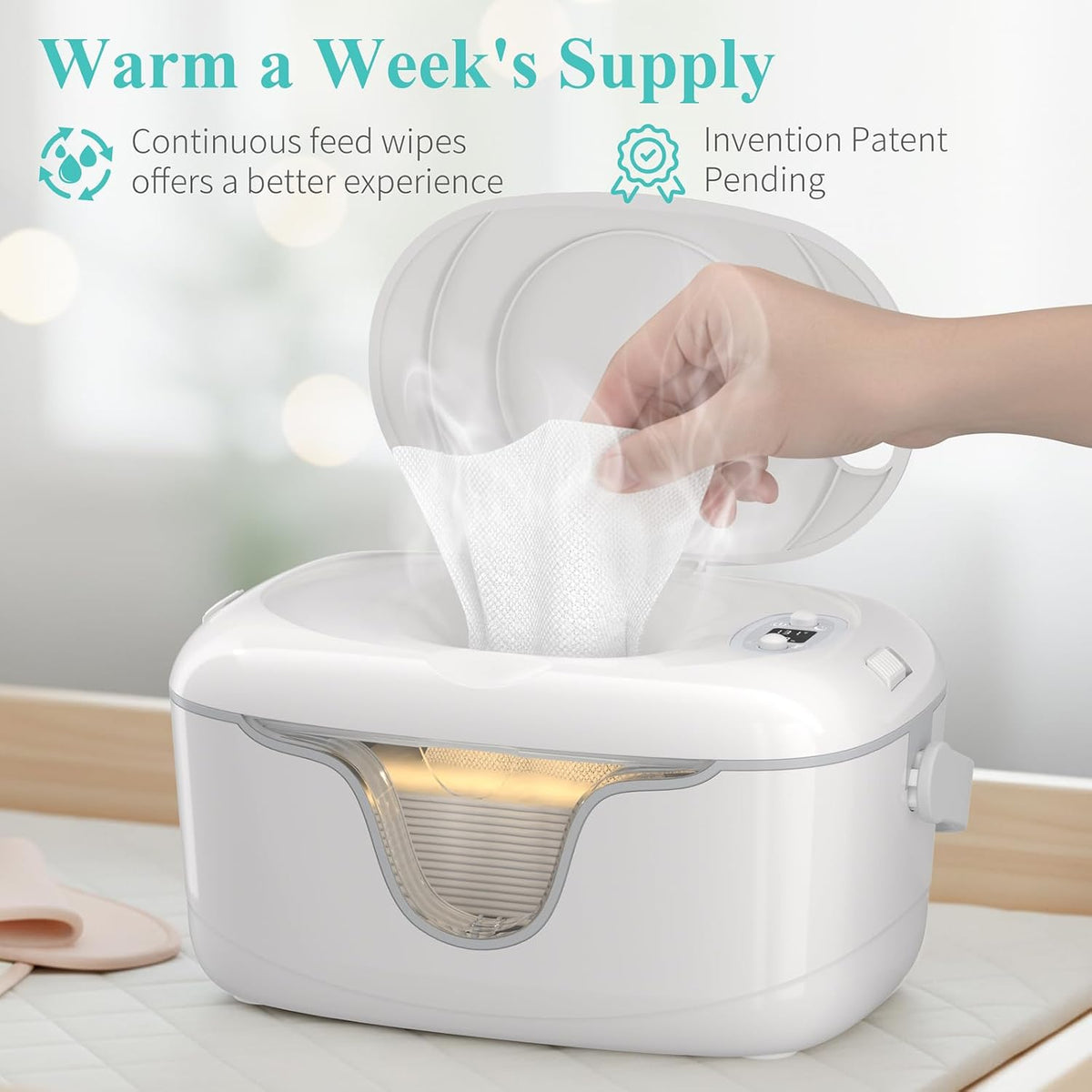 Portable Baby Wipe Warmer - Cordless Rechargeable Wet Wipes Dispenser for Travel Battery Operated with Nightlight Temperature Control for On the Go