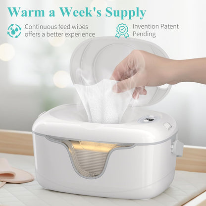 Portable Baby Wipe Warmer - Cordless Rechargeable Wet Wipes Dispenser for Travel Battery Operated with Nightlight Temperature Control for On the Go