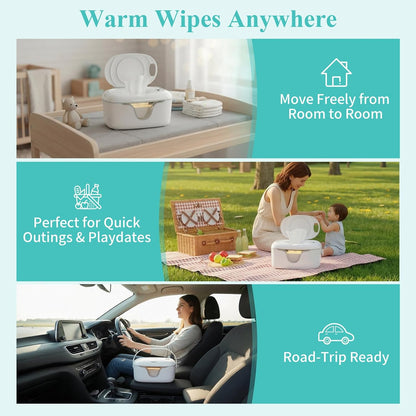 Portable Baby Wipe Warmer - Cordless Rechargeable Wet Wipes Dispenser for Travel Battery Operated with Nightlight Temperature Control for On the Go