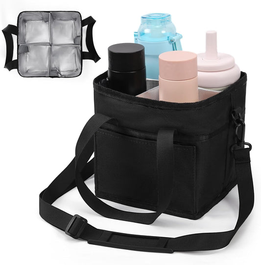 4 Compartment Insulated Drink Carrier, Family Size Water Bottle Tote with Adjustable Strap & Handle, Foldable Tumbler Caddy for Car, Travel, Picnic & Daily Use