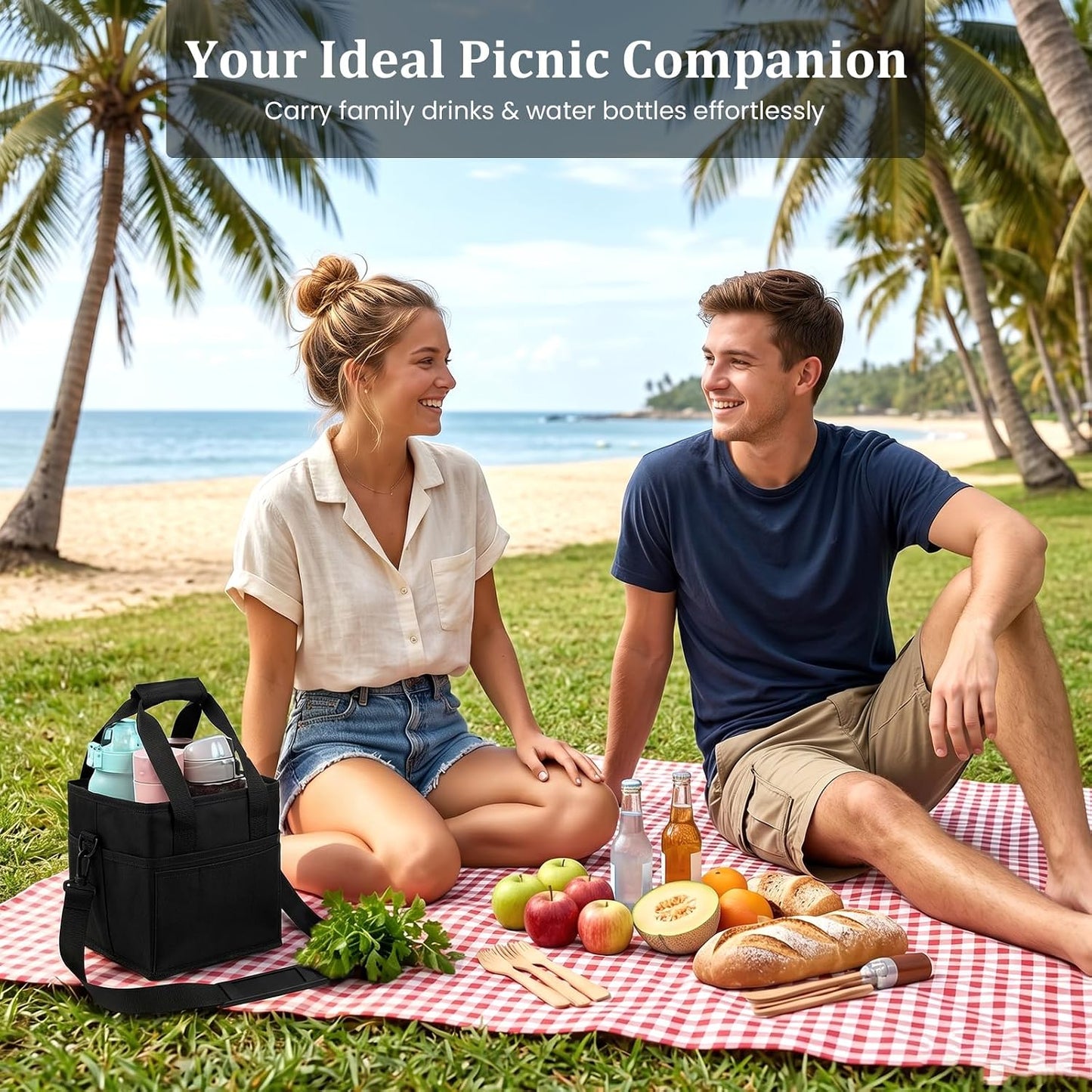 4 Compartment Insulated Drink Carrier, Family Size Water Bottle Tote with Adjustable Strap & Handle, Foldable Tumbler Caddy for Car, Travel, Picnic & Daily Use