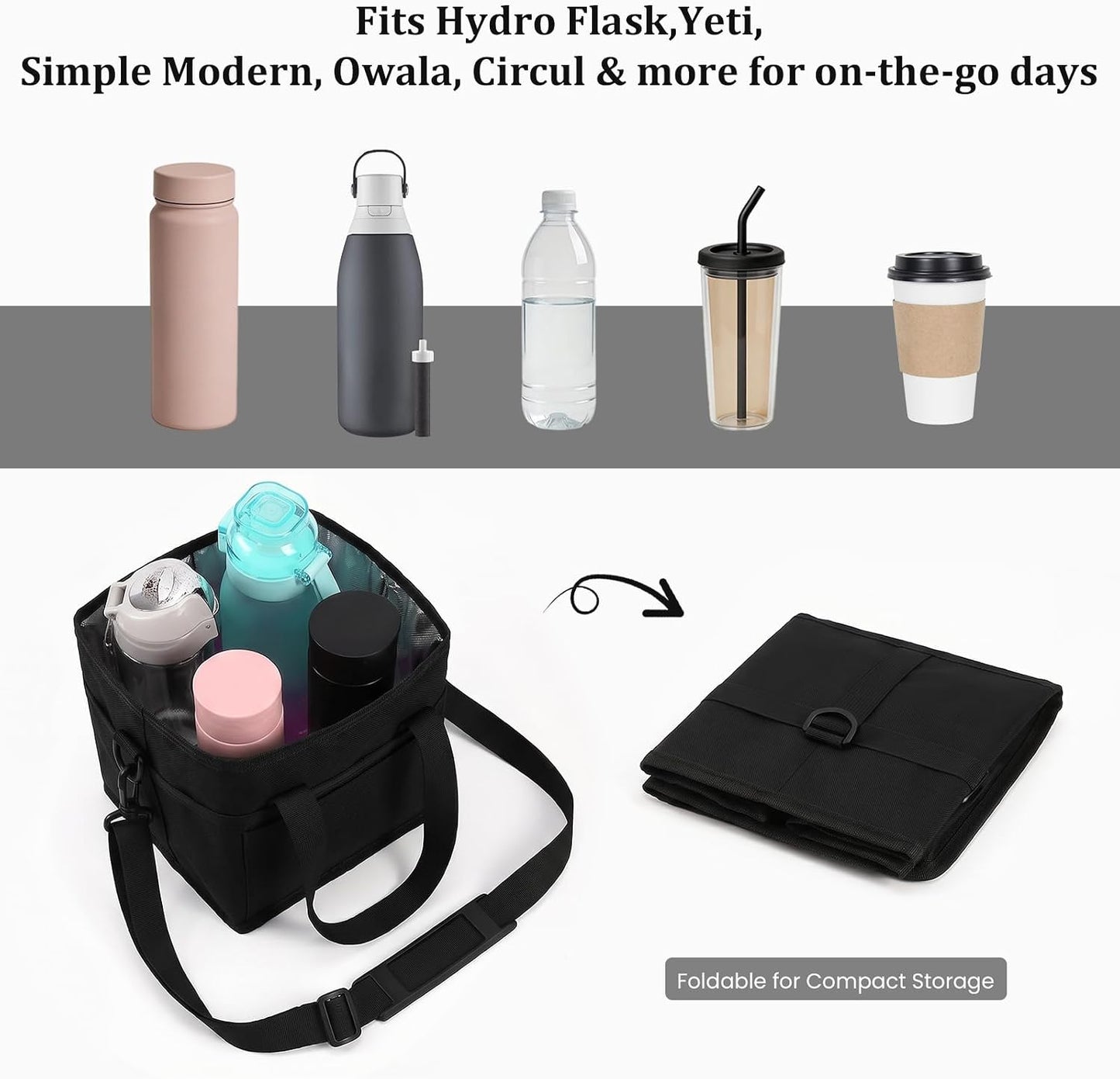4 Compartment Insulated Drink Carrier, Family Size Water Bottle Tote with Adjustable Strap & Handle, Foldable Tumbler Caddy for Car, Travel, Picnic & Daily Use