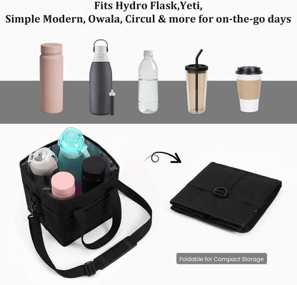 4 Compartment Insulated Drink Carrier, Family Size Water Bottle Tote with Adjustable Strap & Handle, Foldable Tumbler Caddy for Car, Travel, Picnic & Daily Use