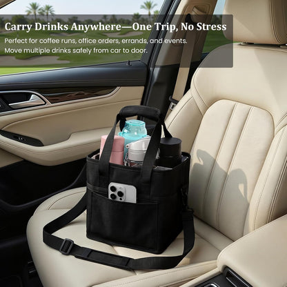 4 Compartment Insulated Drink Carrier, Family Size Water Bottle Tote with Adjustable Strap & Handle, Foldable Tumbler Caddy for Car, Travel, Picnic & Daily Use
