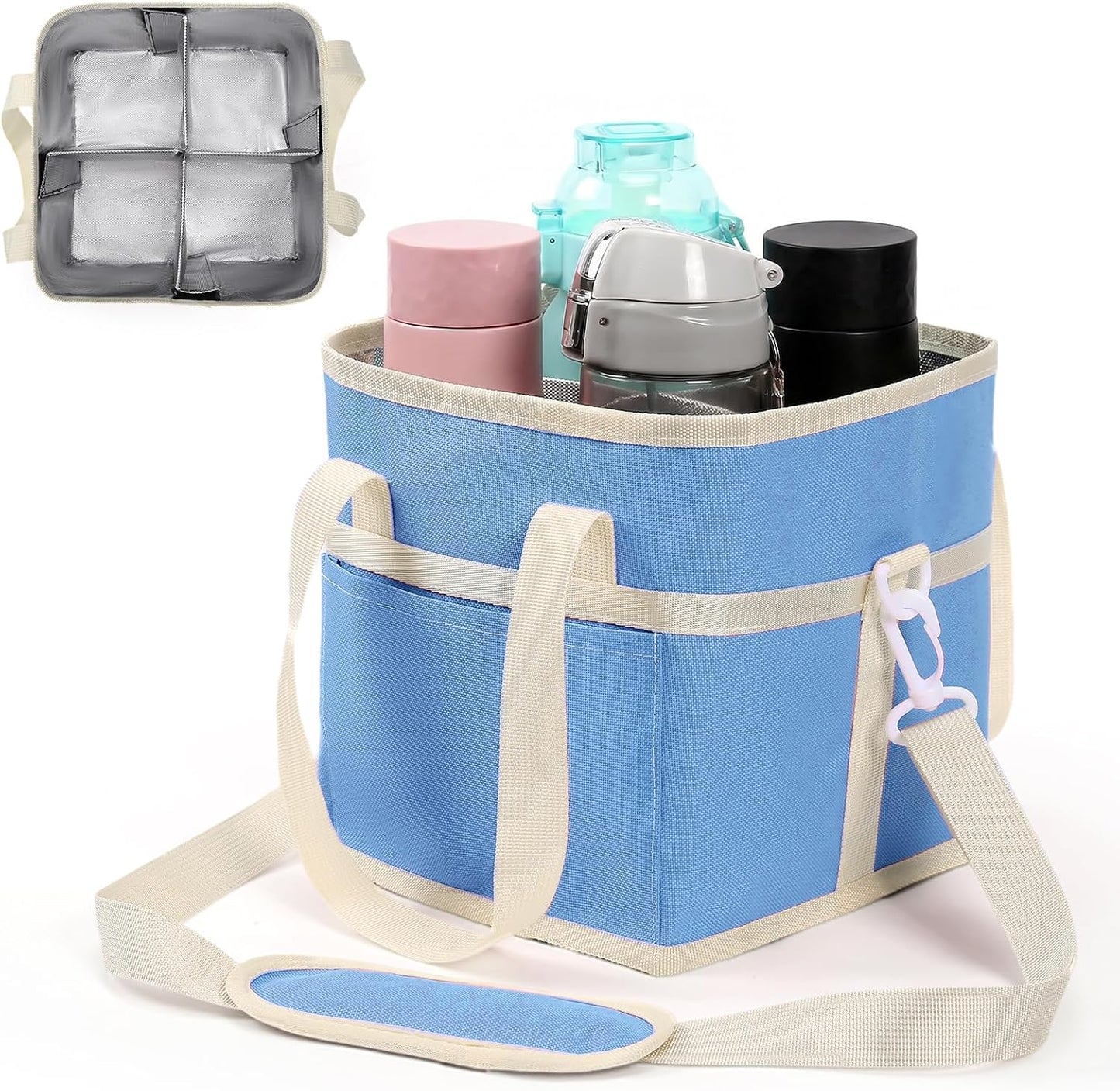 4 Compartment Insulated Drink Carrier, Family Size Water Bottle Tote with Adjustable Strap & Handle, Foldable Tumbler Caddy for Car, Travel, Picnic & Daily Use