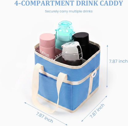 4 Compartment Insulated Drink Carrier, Family Size Water Bottle Tote with Adjustable Strap & Handle, Foldable Tumbler Caddy for Car, Travel, Picnic & Daily Use