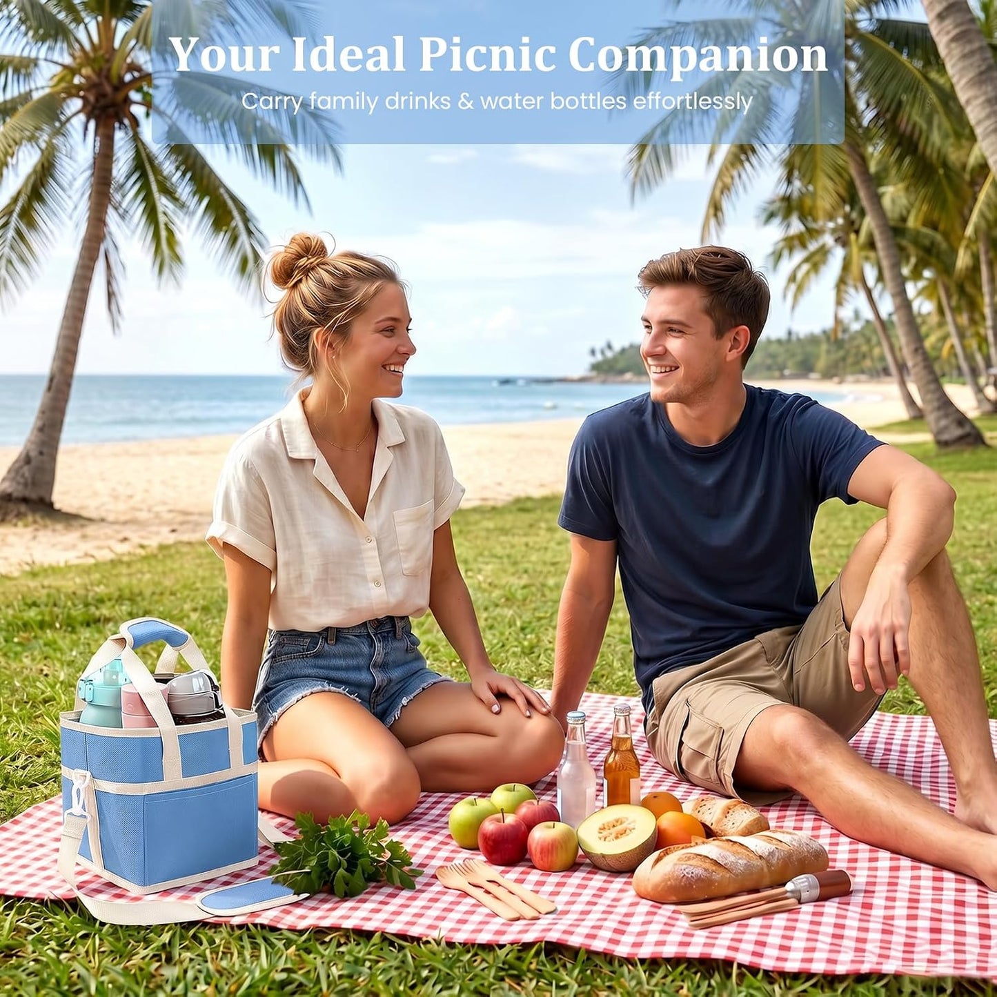 4 Compartment Insulated Drink Carrier, Family Size Water Bottle Tote with Adjustable Strap & Handle, Foldable Tumbler Caddy for Car, Travel, Picnic & Daily Use