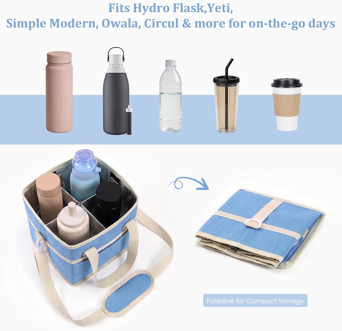 4 Compartment Insulated Drink Carrier, Family Size Water Bottle Tote with Adjustable Strap & Handle, Foldable Tumbler Caddy for Car, Travel, Picnic & Daily Use