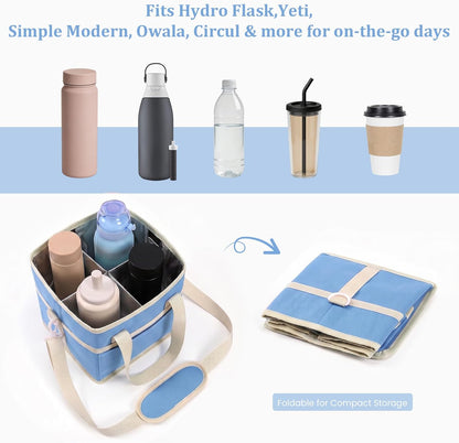 4 Compartment Insulated Drink Carrier, Family Size Water Bottle Tote with Adjustable Strap & Handle, Foldable Tumbler Caddy for Car, Travel, Picnic & Daily Use