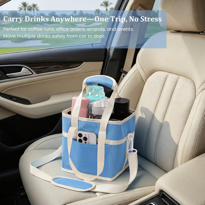 4 Compartment Insulated Drink Carrier, Family Size Water Bottle Tote with Adjustable Strap & Handle, Foldable Tumbler Caddy for Car, Travel, Picnic & Daily Use
