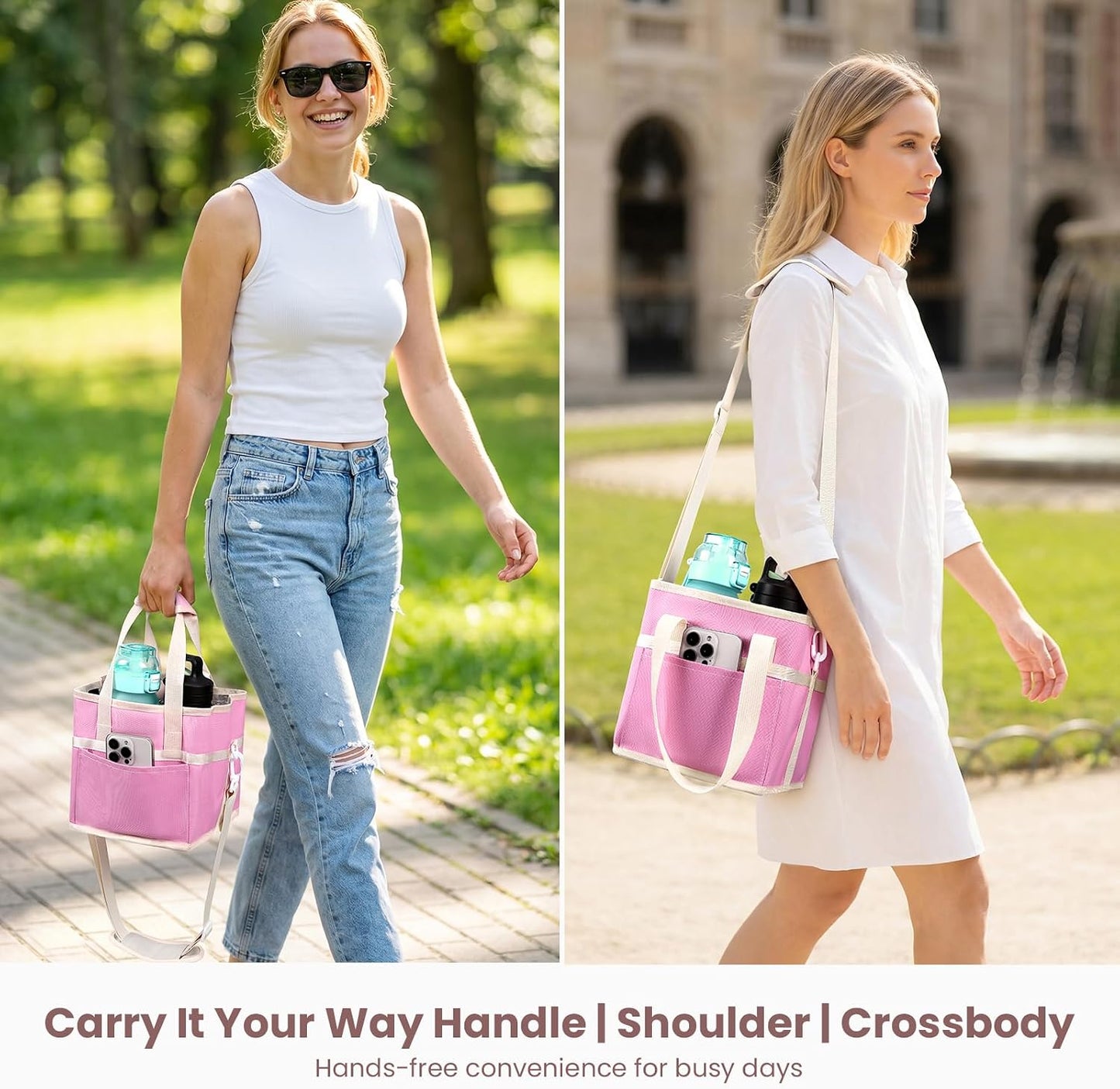4 Compartment Insulated Drink Carrier, Family Size Water Bottle Tote with Adjustable Strap & Handle, Foldable Tumbler Caddy for Car, Travel, Picnic & Daily Use