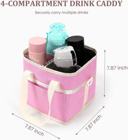 4 Compartment Insulated Drink Carrier, Family Size Water Bottle Tote with Adjustable Strap & Handle, Foldable Tumbler Caddy for Car, Travel, Picnic & Daily Use