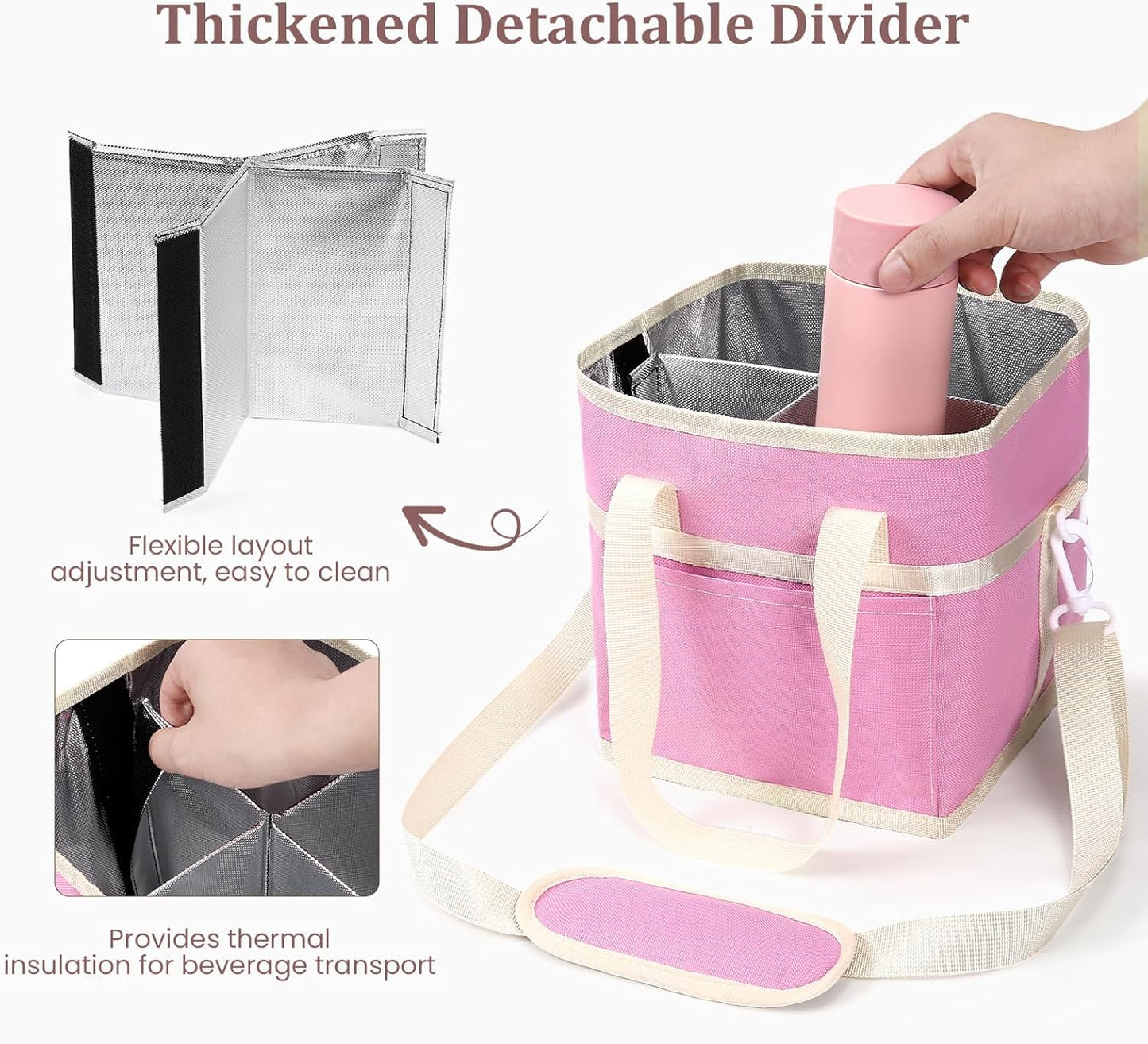 4 Compartment Insulated Drink Carrier, Family Size Water Bottle Tote with Adjustable Strap & Handle, Foldable Tumbler Caddy for Car, Travel, Picnic & Daily Use