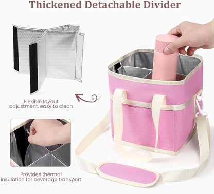 4 Compartment Insulated Drink Carrier, Family Size Water Bottle Tote with Adjustable Strap & Handle, Foldable Tumbler Caddy for Car, Travel, Picnic & Daily Use