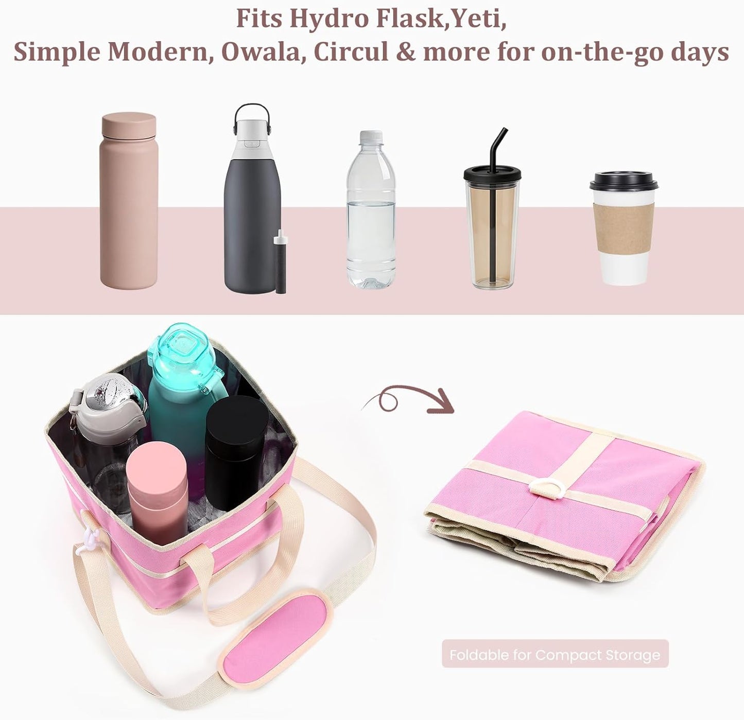 4 Compartment Insulated Drink Carrier, Family Size Water Bottle Tote with Adjustable Strap & Handle, Foldable Tumbler Caddy for Car, Travel, Picnic & Daily Use
