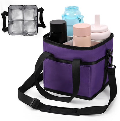 4 Compartment Insulated Drink Carrier, Family Size Water Bottle Tote with Adjustable Strap & Handle, Foldable Tumbler Caddy for Car, Travel, Picnic & Daily Use