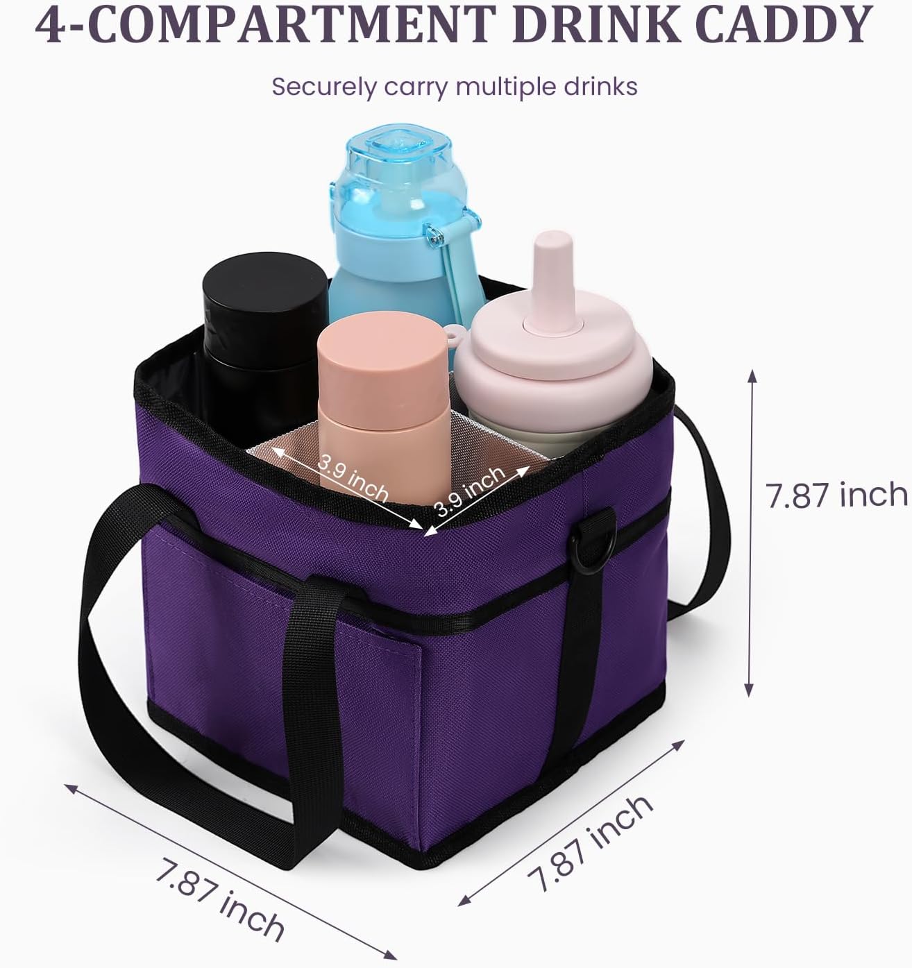 4 Compartment Insulated Drink Carrier, Family Size Water Bottle Tote with Adjustable Strap & Handle, Foldable Tumbler Caddy for Car, Travel, Picnic & Daily Use