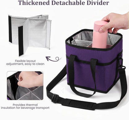 4 Compartment Insulated Drink Carrier, Family Size Water Bottle Tote with Adjustable Strap & Handle, Foldable Tumbler Caddy for Car, Travel, Picnic & Daily Use