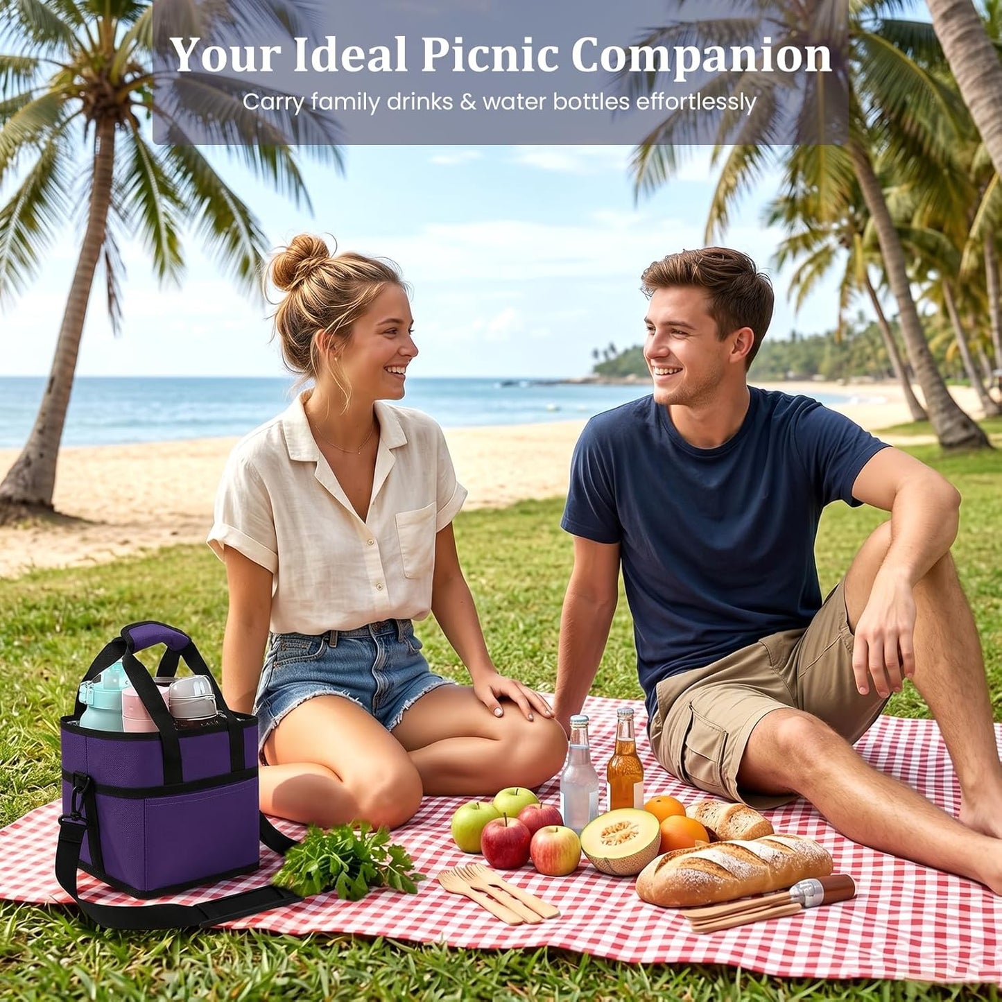 4 Compartment Insulated Drink Carrier, Family Size Water Bottle Tote with Adjustable Strap & Handle, Foldable Tumbler Caddy for Car, Travel, Picnic & Daily Use
