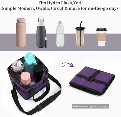 4 Compartment Insulated Drink Carrier, Family Size Water Bottle Tote with Adjustable Strap & Handle, Foldable Tumbler Caddy for Car, Travel, Picnic & Daily Use