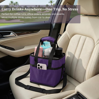 4 Compartment Insulated Drink Carrier, Family Size Water Bottle Tote with Adjustable Strap & Handle, Foldable Tumbler Caddy for Car, Travel, Picnic & Daily Use