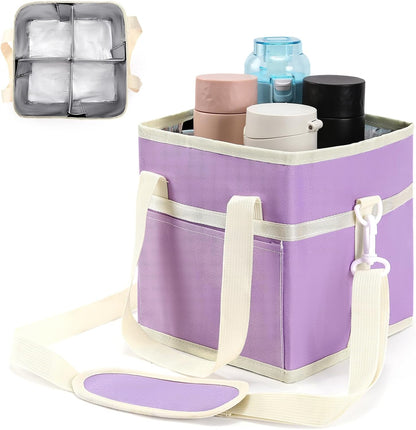4 Compartment Insulated Drink Carrier, Family Size Water Bottle Tote with Adjustable Strap & Handle, Foldable Tumbler Caddy for Car, Travel, Picnic & Daily Use
