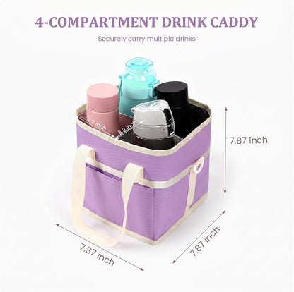 4 Compartment Insulated Drink Carrier, Family Size Water Bottle Tote with Adjustable Strap & Handle, Foldable Tumbler Caddy for Car, Travel, Picnic & Daily Use