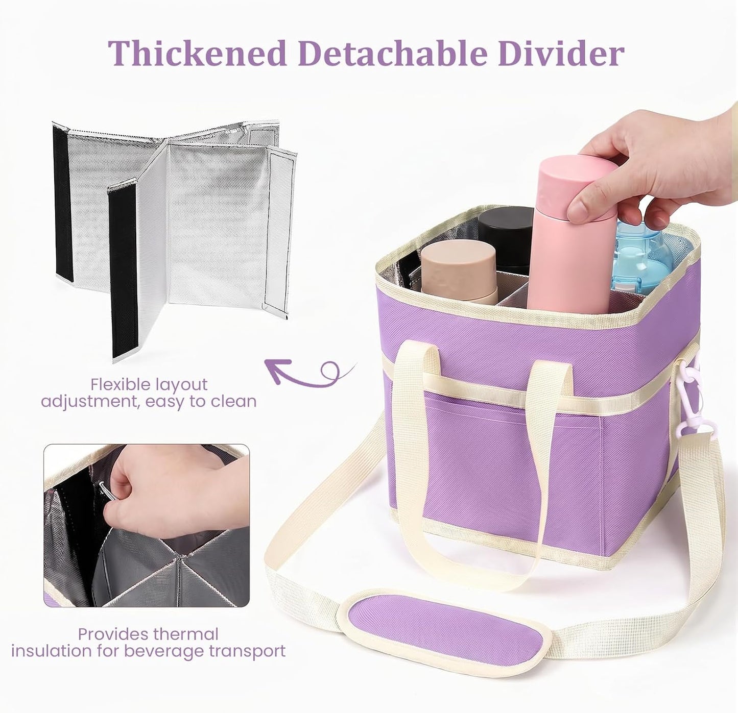 4 Compartment Insulated Drink Carrier, Family Size Water Bottle Tote with Adjustable Strap & Handle, Foldable Tumbler Caddy for Car, Travel, Picnic & Daily Use