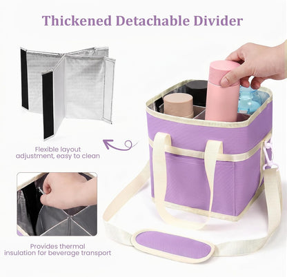 4 Compartment Insulated Drink Carrier, Family Size Water Bottle Tote with Adjustable Strap & Handle, Foldable Tumbler Caddy for Car, Travel, Picnic & Daily Use