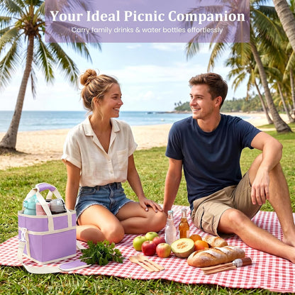 4 Compartment Insulated Drink Carrier, Family Size Water Bottle Tote with Adjustable Strap & Handle, Foldable Tumbler Caddy for Car, Travel, Picnic & Daily Use