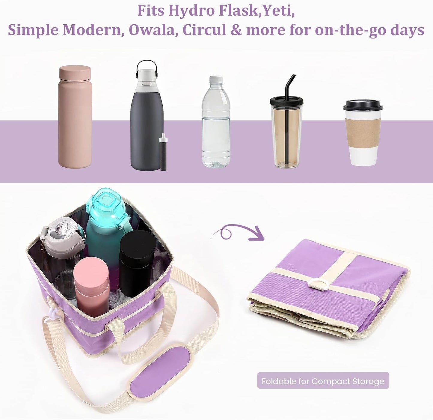 4 Compartment Insulated Drink Carrier, Family Size Water Bottle Tote with Adjustable Strap & Handle, Foldable Tumbler Caddy for Car, Travel, Picnic & Daily Use