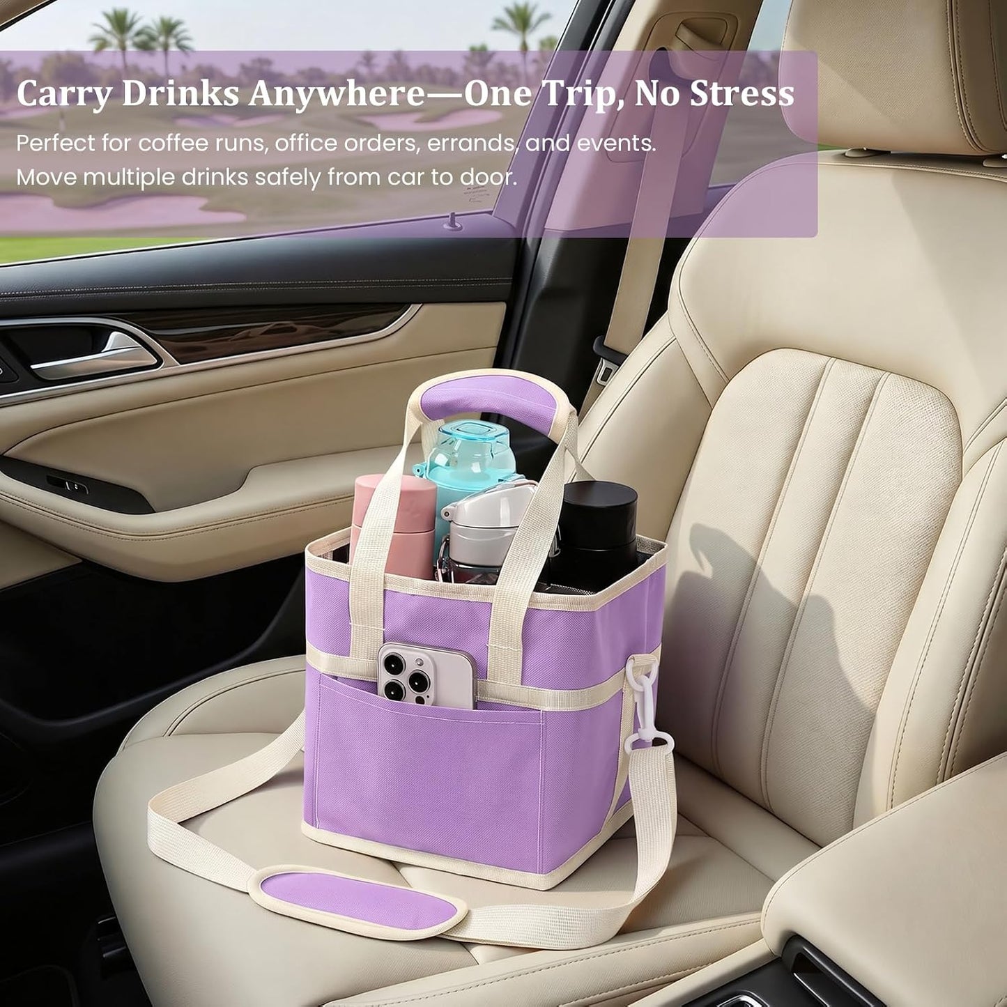 4 Compartment Insulated Drink Carrier, Family Size Water Bottle Tote with Adjustable Strap & Handle, Foldable Tumbler Caddy for Car, Travel, Picnic & Daily Use