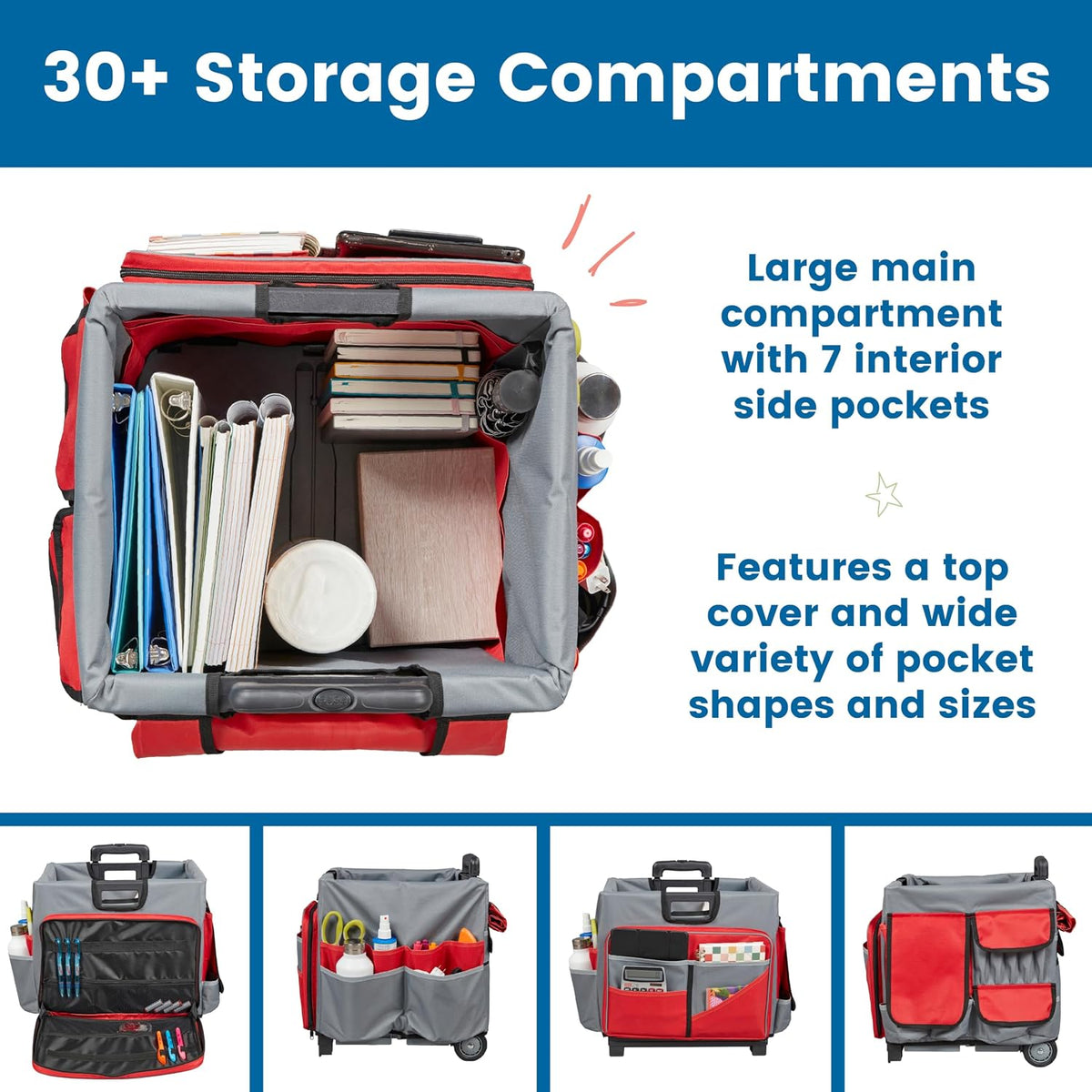 Universal Rolling Cart with Canvas Organizer Bag, Mobile Storage, Red/Grey