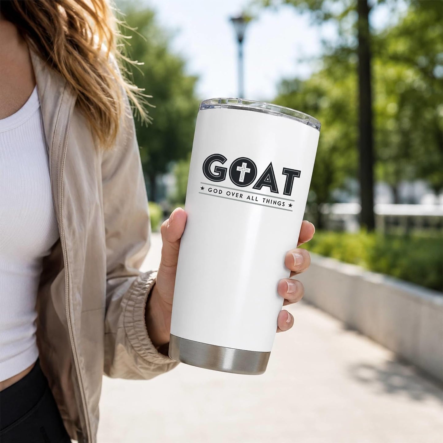 GOAT God Over All Things 20oz White Tumbler | Faith-Forward Design Connecting Everyday Drinkware with a Powerful Declaration of Spiritual Priority