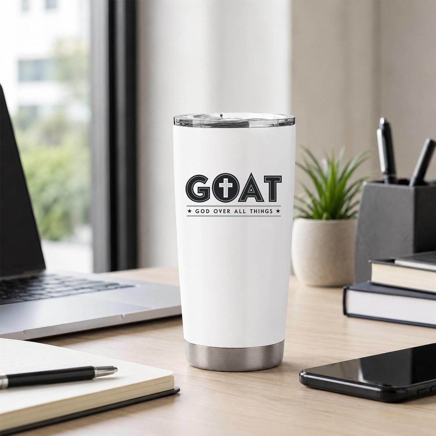 GOAT God Over All Things 20oz White Tumbler | Faith-Forward Design Connecting Everyday Drinkware with a Powerful Declaration of Spiritual Priority