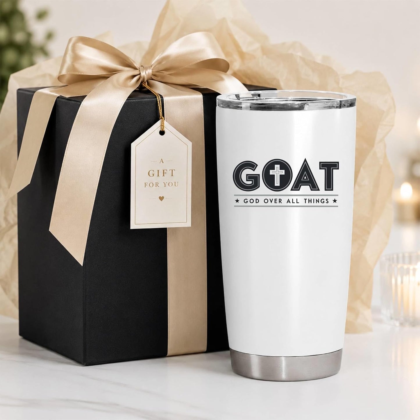 GOAT God Over All Things 20oz White Tumbler | Faith-Forward Design Connecting Everyday Drinkware with a Powerful Declaration of Spiritual Priority
