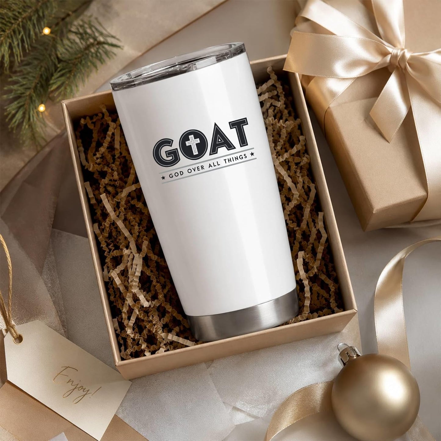 GOAT God Over All Things 20oz White Tumbler | Faith-Forward Design Connecting Everyday Drinkware with a Powerful Declaration of Spiritual Priority