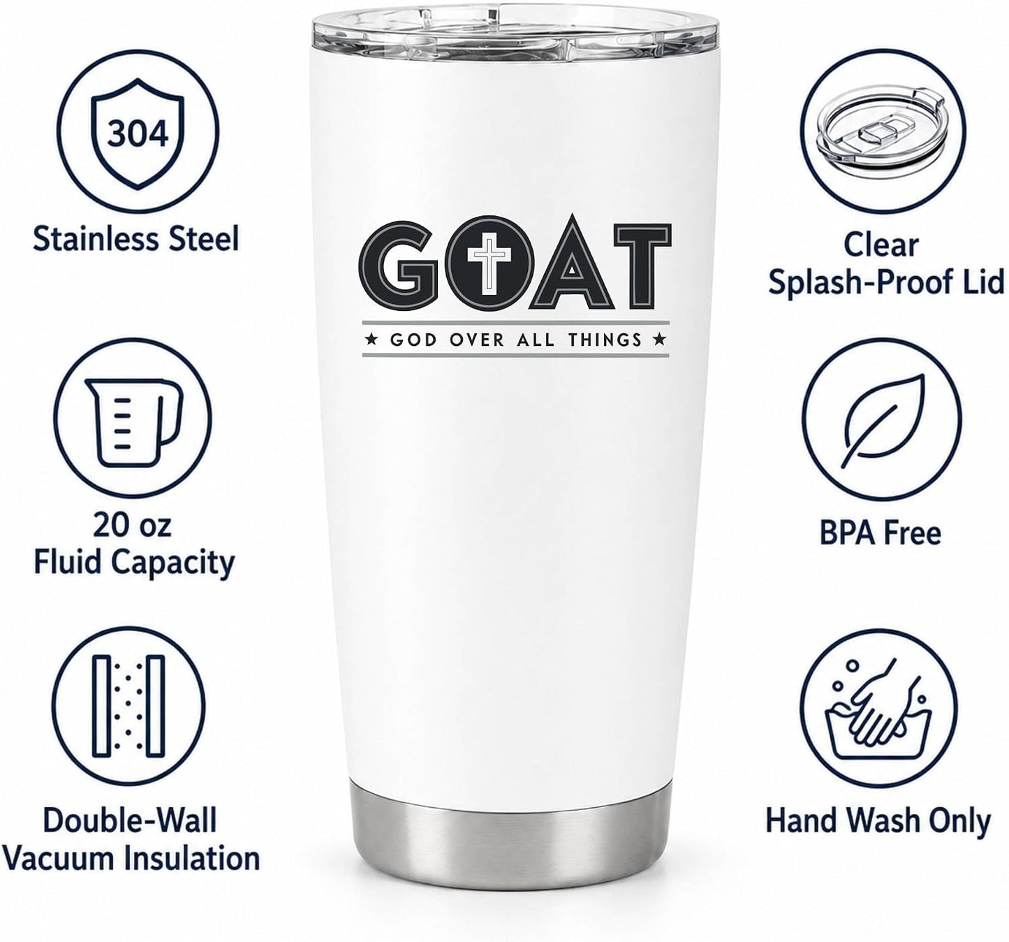 GOAT God Over All Things 20oz White Tumbler | Faith-Forward Design Connecting Everyday Drinkware with a Powerful Declaration of Spiritual Priority