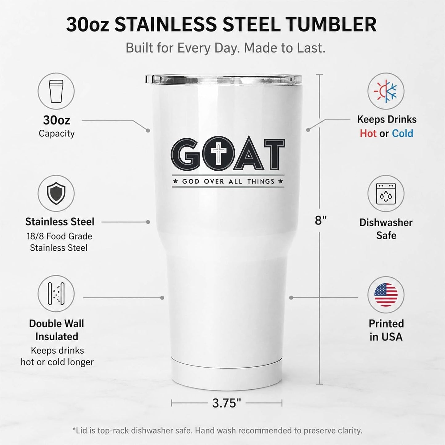 GOAT God Over All Things 20oz White Tumbler | Faith-Forward Design Connecting Everyday Drinkware with a Powerful Declaration of Spiritual Priority