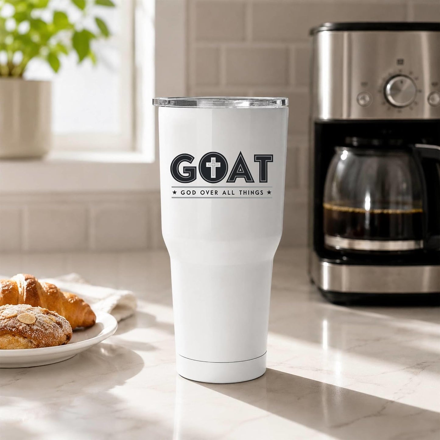 GOAT God Over All Things 20oz White Tumbler | Faith-Forward Design Connecting Everyday Drinkware with a Powerful Declaration of Spiritual Priority