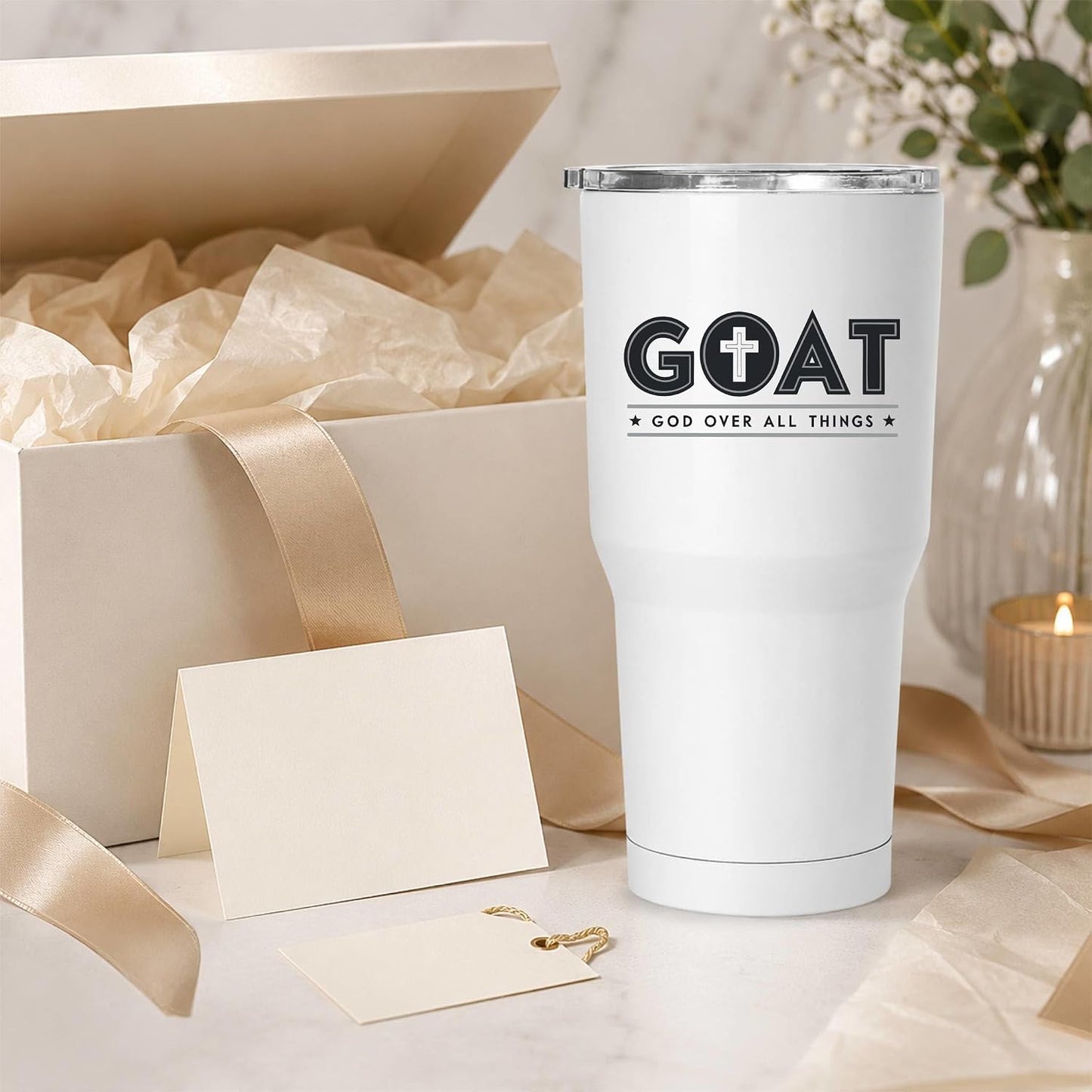 GOAT God Over All Things 20oz White Tumbler | Faith-Forward Design Connecting Everyday Drinkware with a Powerful Declaration of Spiritual Priority