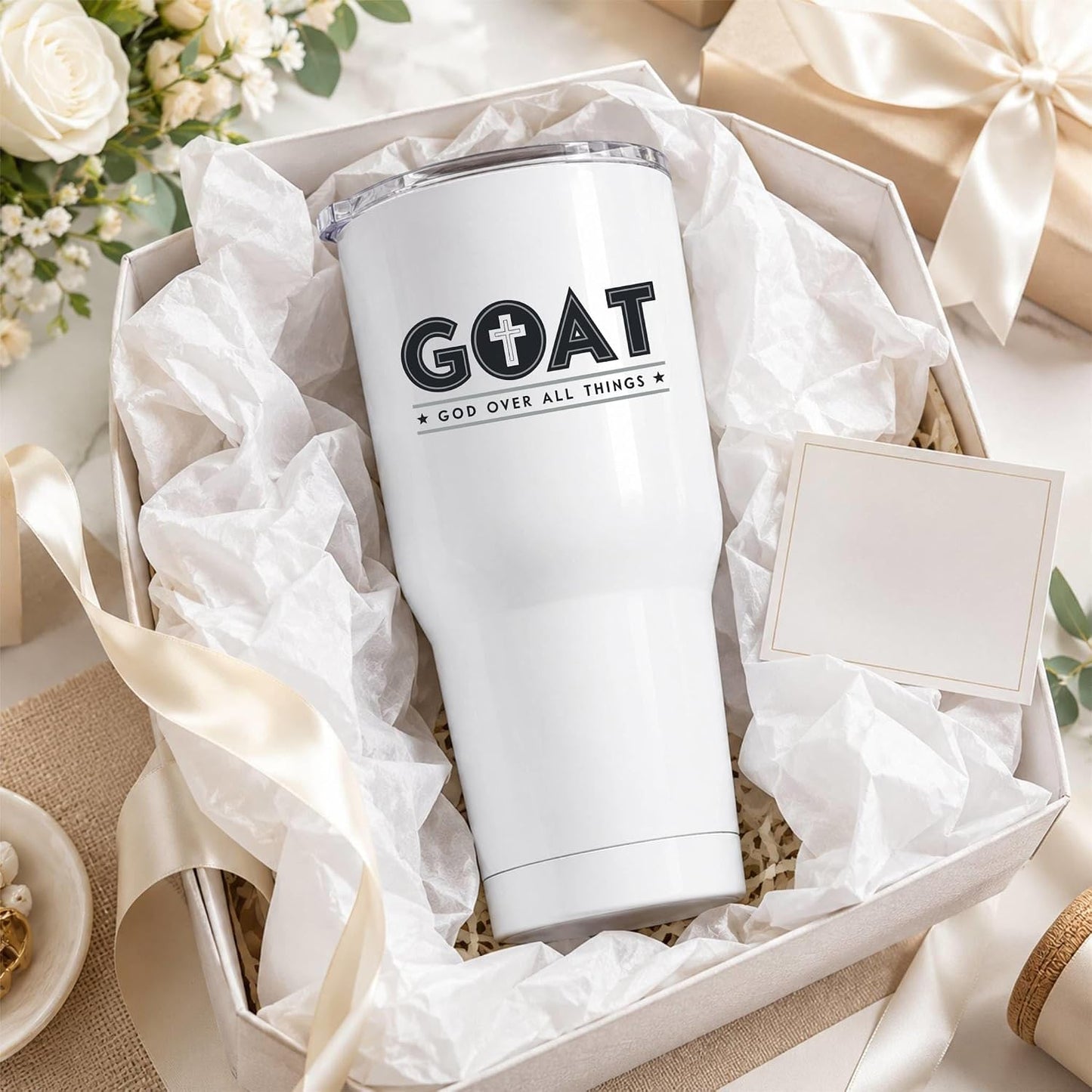 GOAT God Over All Things 20oz White Tumbler | Faith-Forward Design Connecting Everyday Drinkware with a Powerful Declaration of Spiritual Priority