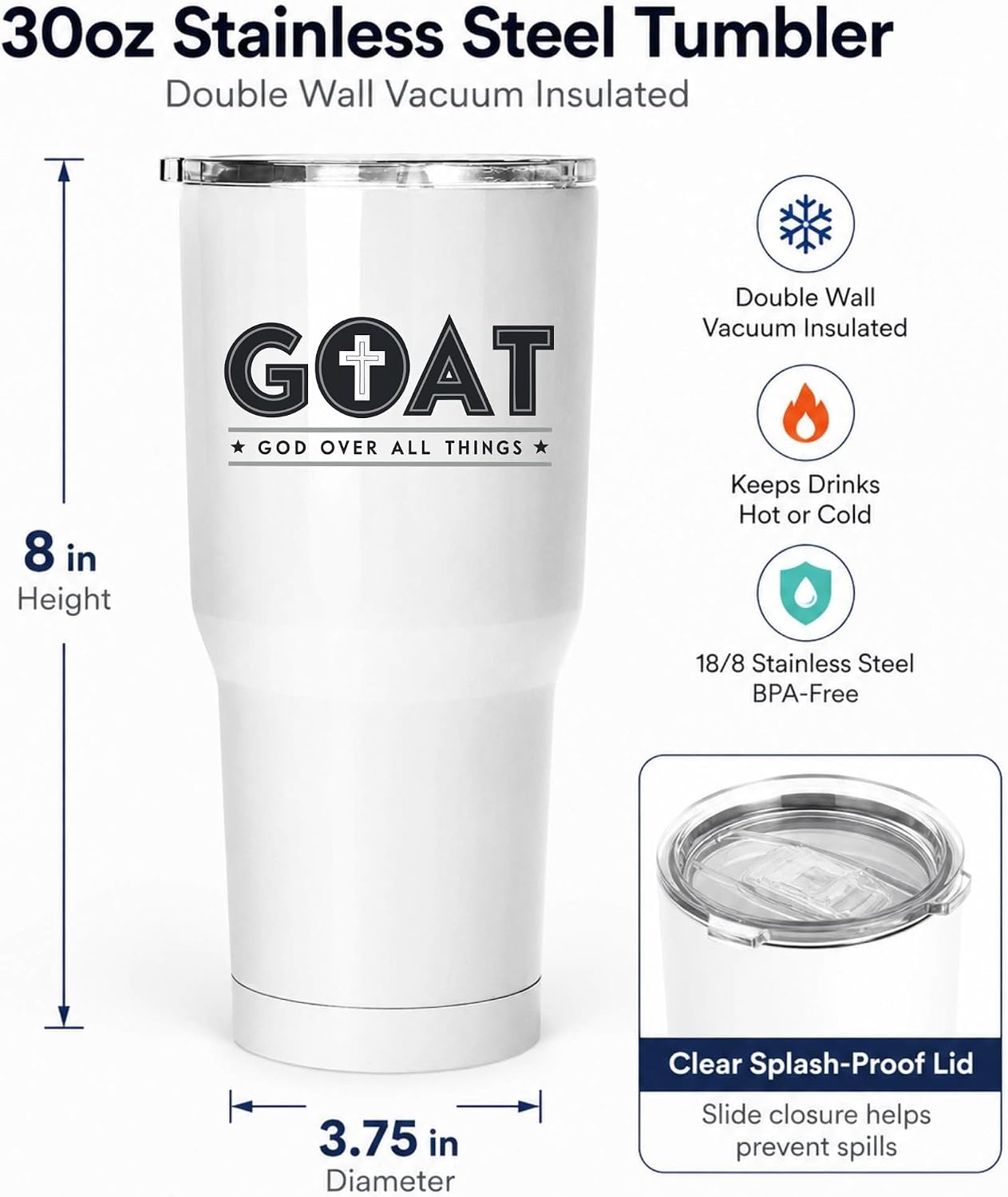GOAT God Over All Things 20oz White Tumbler | Faith-Forward Design Connecting Everyday Drinkware with a Powerful Declaration of Spiritual Priority
