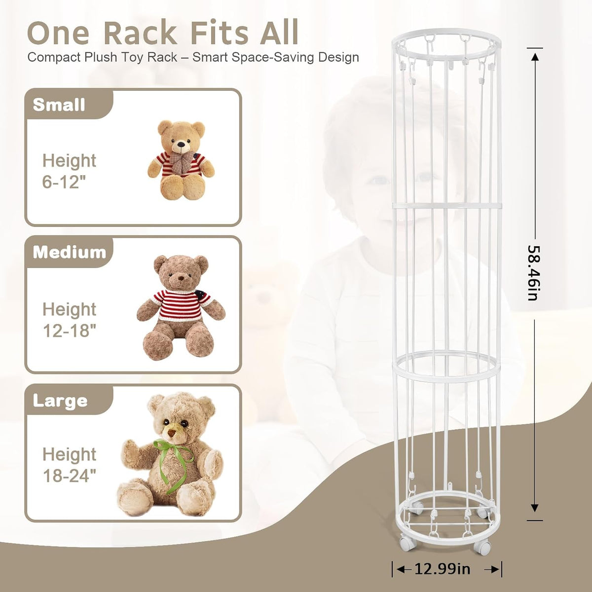 Stuffed Animal Storage Zoo Plushies Toy Storage Organizer, Metal Tube Stuffed Animal Holder with Brake Wheels, Space Saving Plush Toy Holder for Playroom Bedroom Nursery (White)